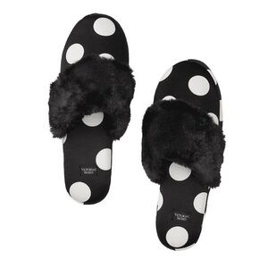 Victoria's Secret Black White Polka Dot Slippers Faux fur Slip on NWT Medium 7/8
